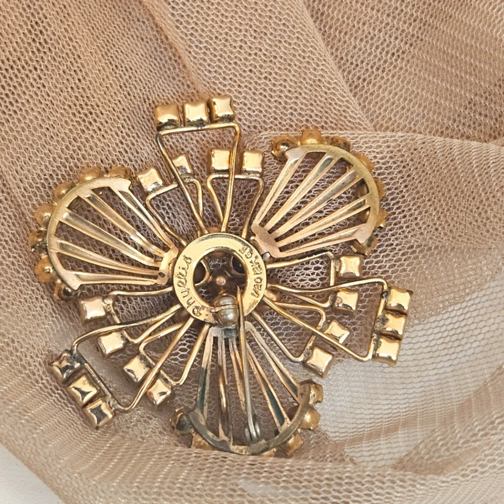 Vintage Signed 1/20 12k Gold Filled Brooch Pin With Blue Topaz & Clear Stones